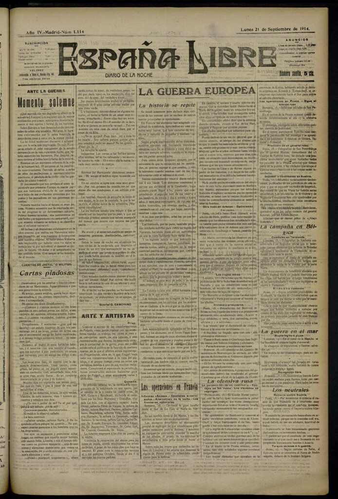 Miniatura de España Libre : Diario de la noche del 21 de septiembre de 1914, nº 1114