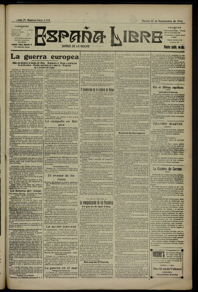 Miniatura de España Libre : Diario de la noche del 22 de septiembre de 1914, nº 1115