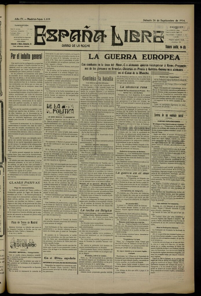 Miniatura de España Libre : Diario de la noche del 26 de septiembre de 1914, nº 1119