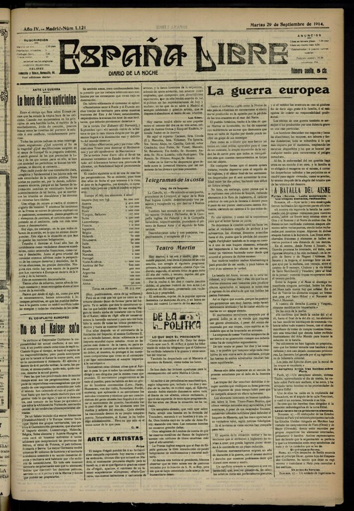 Miniatura de España Libre : Diario de la noche del 29 de septiembre de 1914, nº 1121