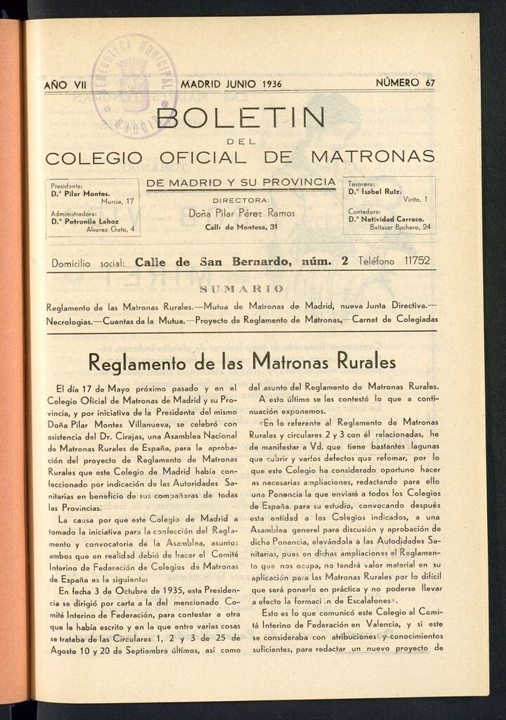 Miniatura de Boletín del Colegio Oficial de Matronas de Madrid y su Provincia de junio de 1936