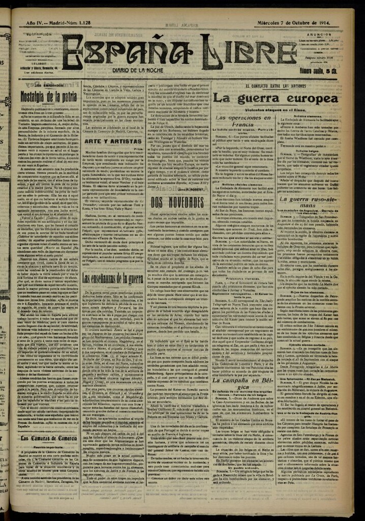 Miniatura de España Libre : Diario de la noche del 7 de octubre de 1914, nº 1128