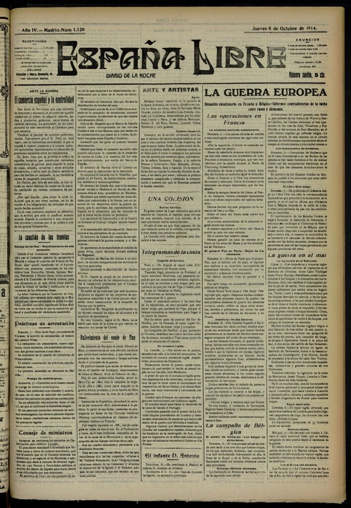Miniatura de España Libre : Diario de la noche del 8 de octubre de 1914, nº 1129