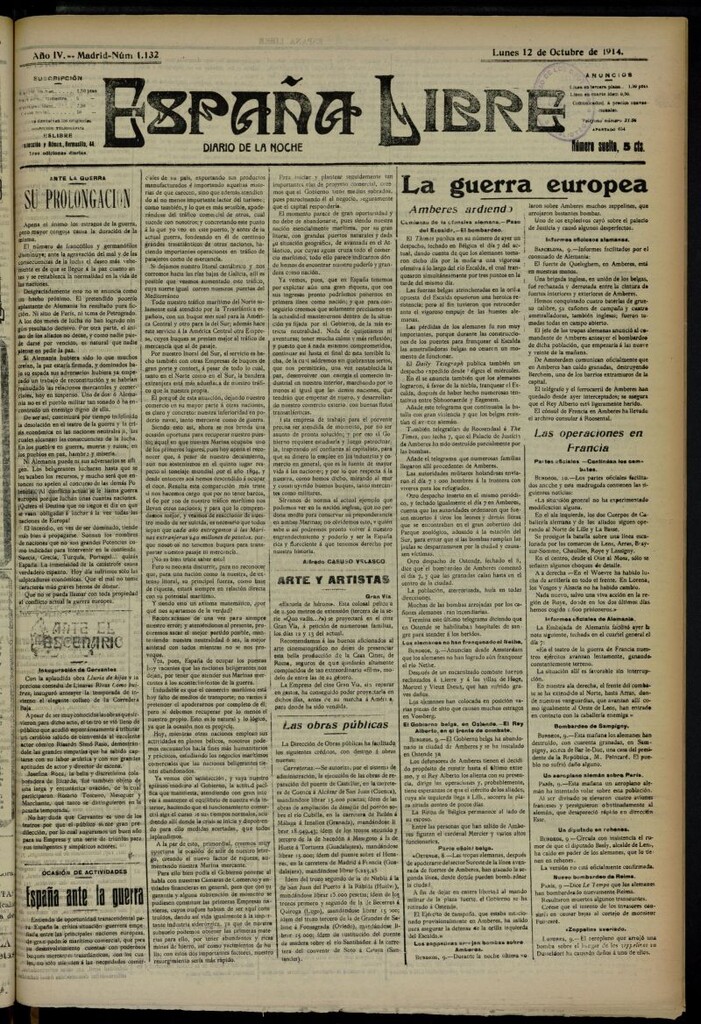 Miniatura de España Libre : Diario de la noche del 12 de octubre de 1914,nº 1132