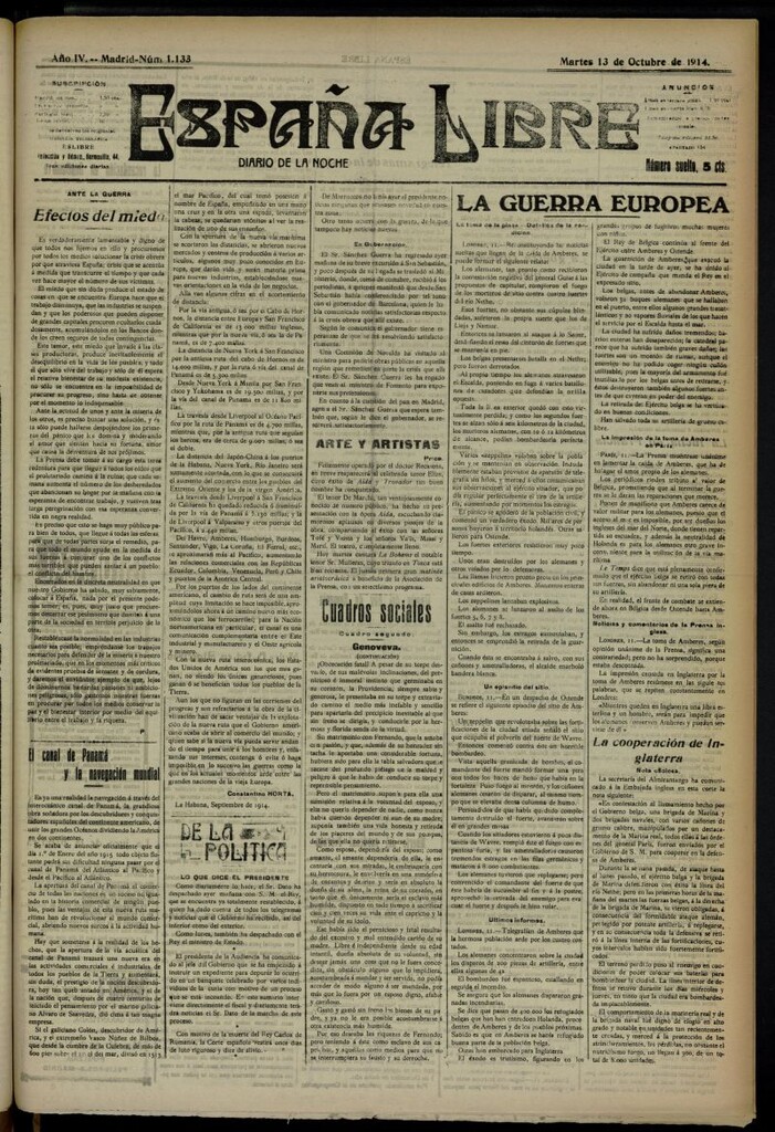 Miniatura de España Libre : Diario de la noche del 13 de octubre de 1914, nº 1133