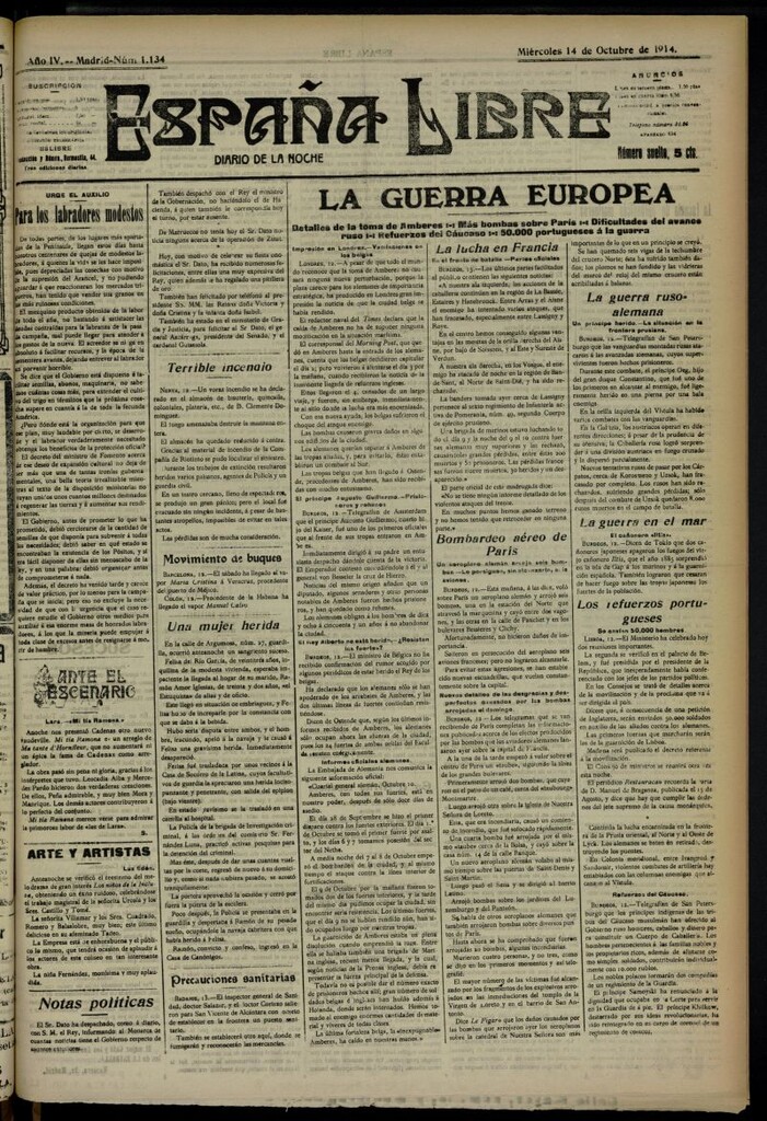 Miniatura de España Libre : Diario de la noche del 14 de octubre de 1914, nº 1134