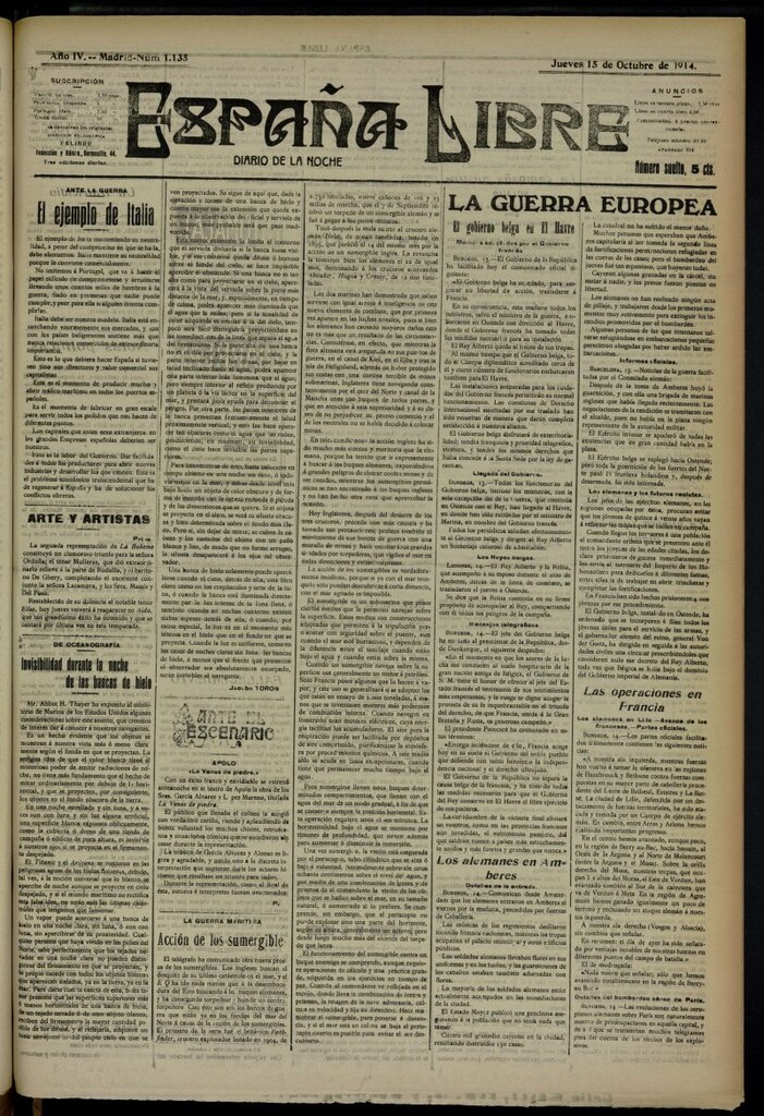 Miniatura de España Libre : Diario de la noche del 15 de octubre de 1914, nº 1135