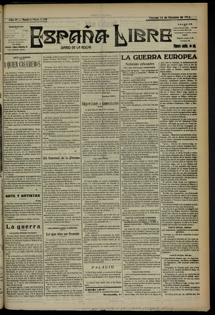 Miniatura de España Libre : Diario de la noche del 16 de octubre de 1914, nº 1136