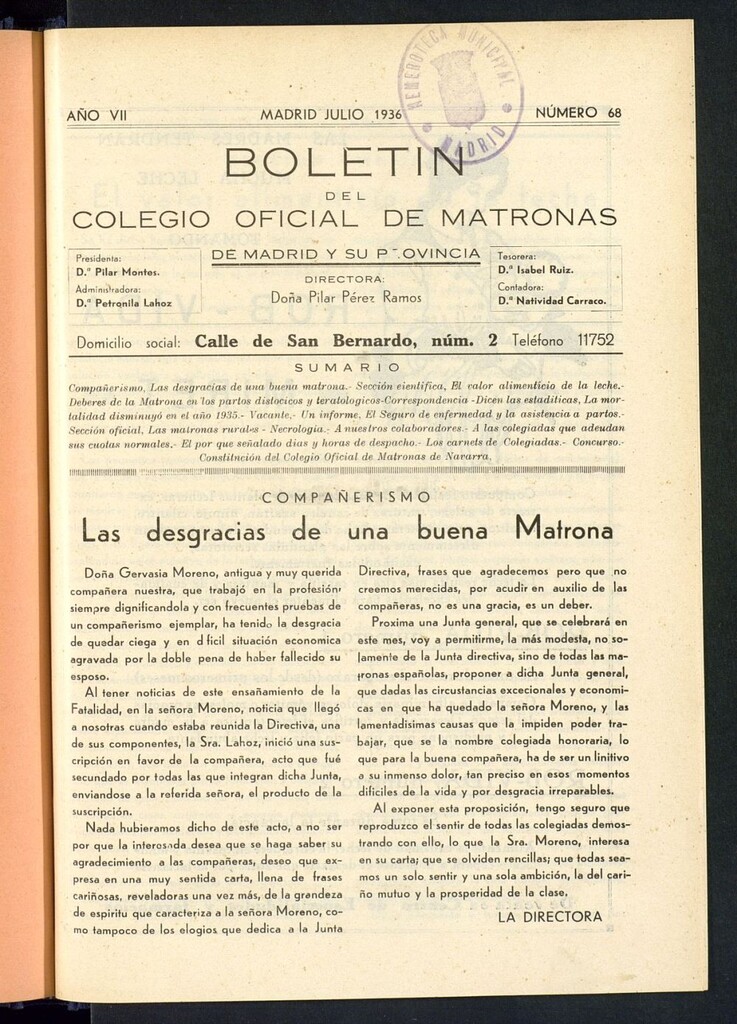Miniatura de Boletín del Colegio Oficial de Matronas de Madrid y su Provincia de julio de 1936