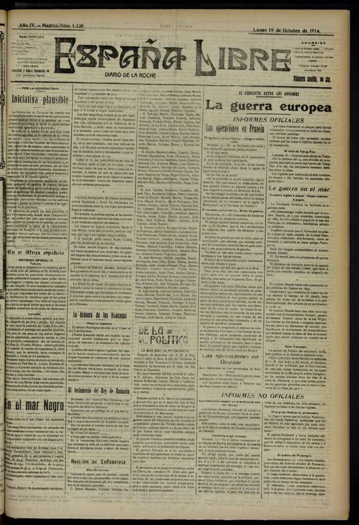 Miniatura de España Libre : Diario de la noche del 19 de octubre de 1914, nº 1138