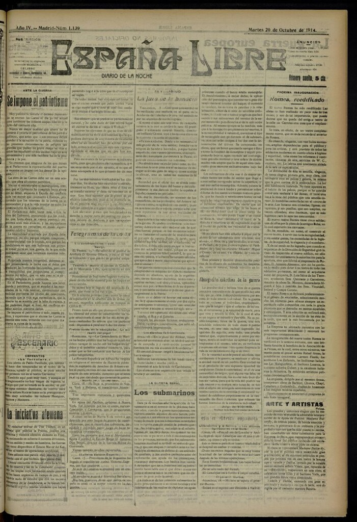 Miniatura de España Libre : Diario de la noche del 20 de octubre de 1914, nº 1139