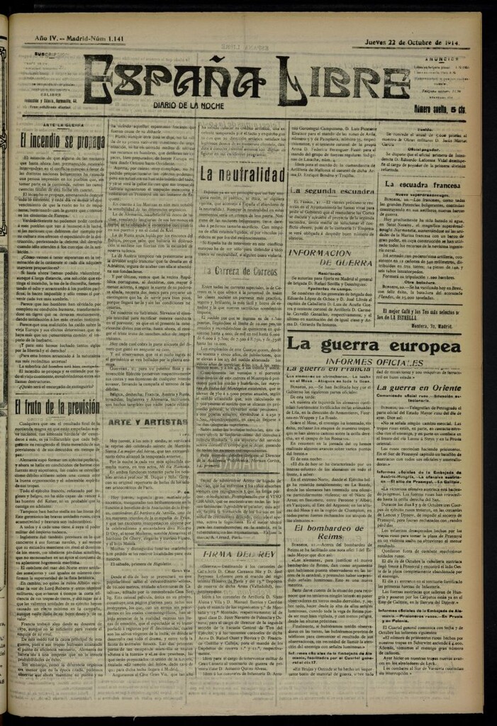 Miniatura de España Libre : Diario de la noche del 22 de octubre de 1914, nº 1141
