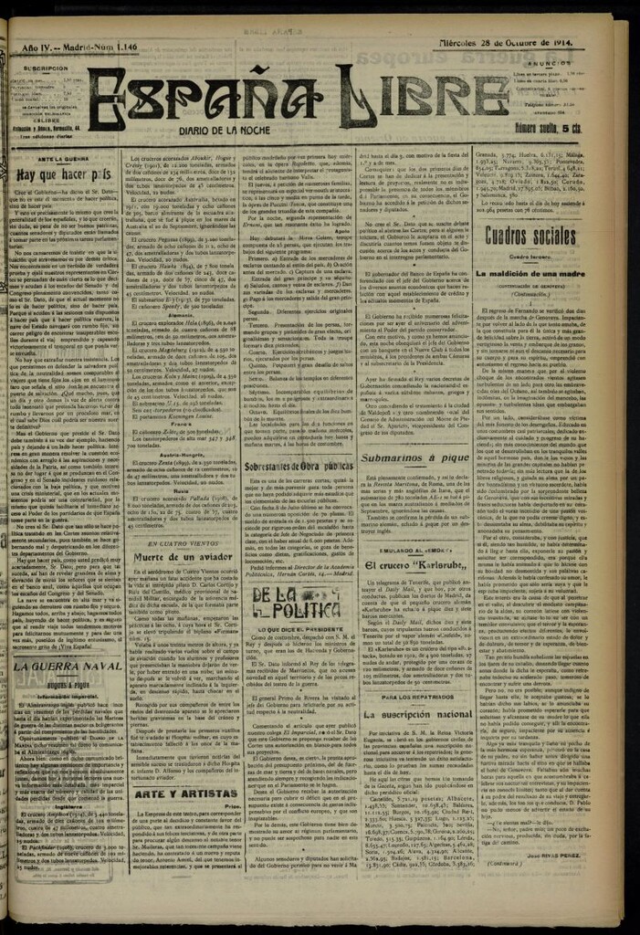 Miniatura de España Libre : Diario de la noche del 28 de octubre de 1914, nº 1146