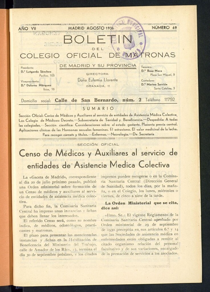 Miniatura de Boletín del Colegio Oficial de Matronas de Madrid y su Provincia de agosto de 1936