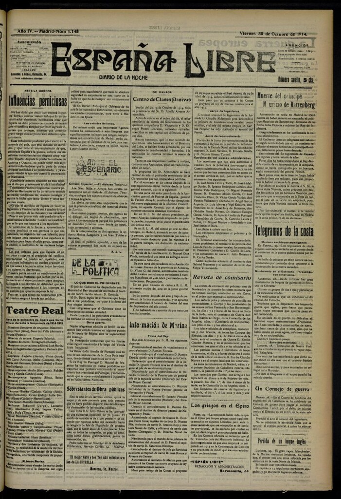 Miniatura de España Libre : Diario de la noche del 30 de octubre de 1914, nº 1148