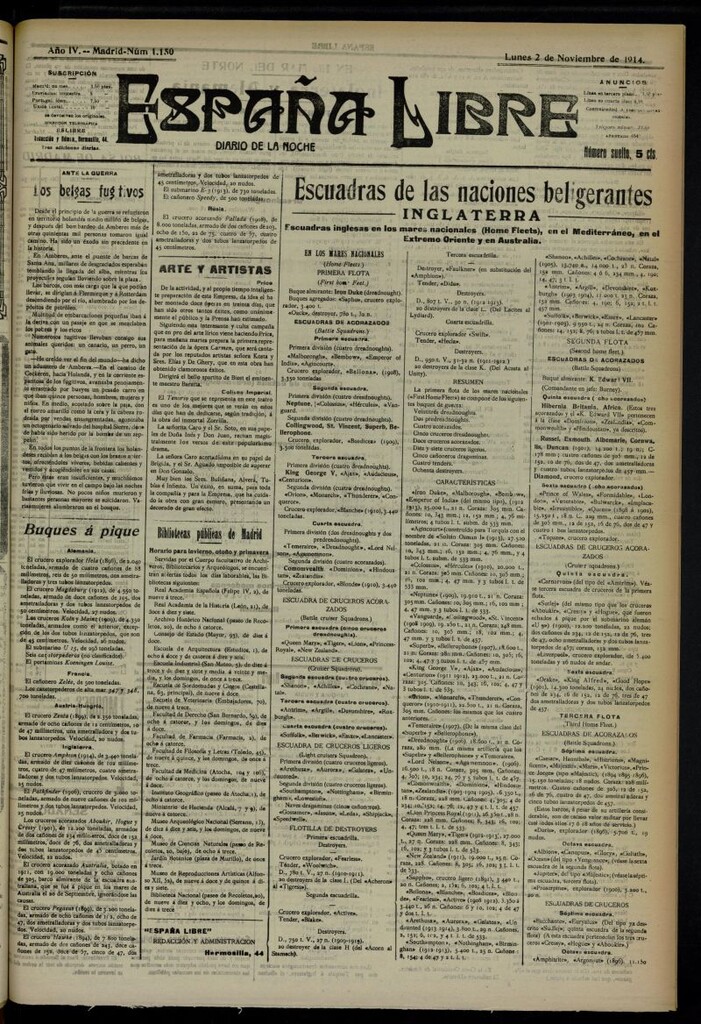 Miniatura de España Libre : Diario de la noche del 2 de noviembre de 1914, nº 1150