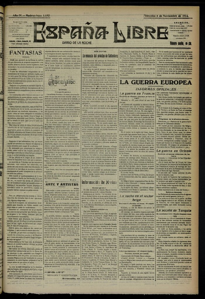 Miniatura de España Libre : Diario de la noche del 4 de noviembre de 1914, nº 1152