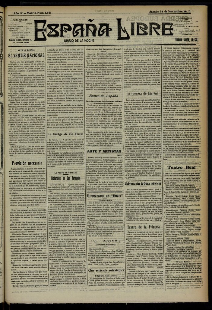 Miniatura de España Libre : Diario de la noche del 14 de noviembre de 1914, nº 1161