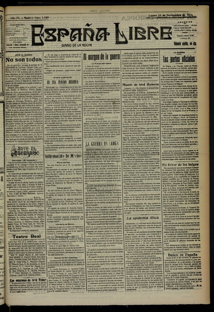Miniatura de España Libre : Diario de la noche del 16 de noviembre de 1914, nº 1163