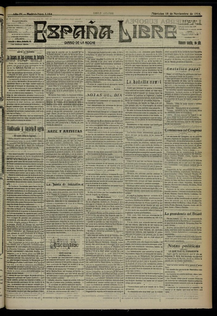 Miniatura de España Libre : Diario de la noche del 18 de noviembre de 1914, nº 1164