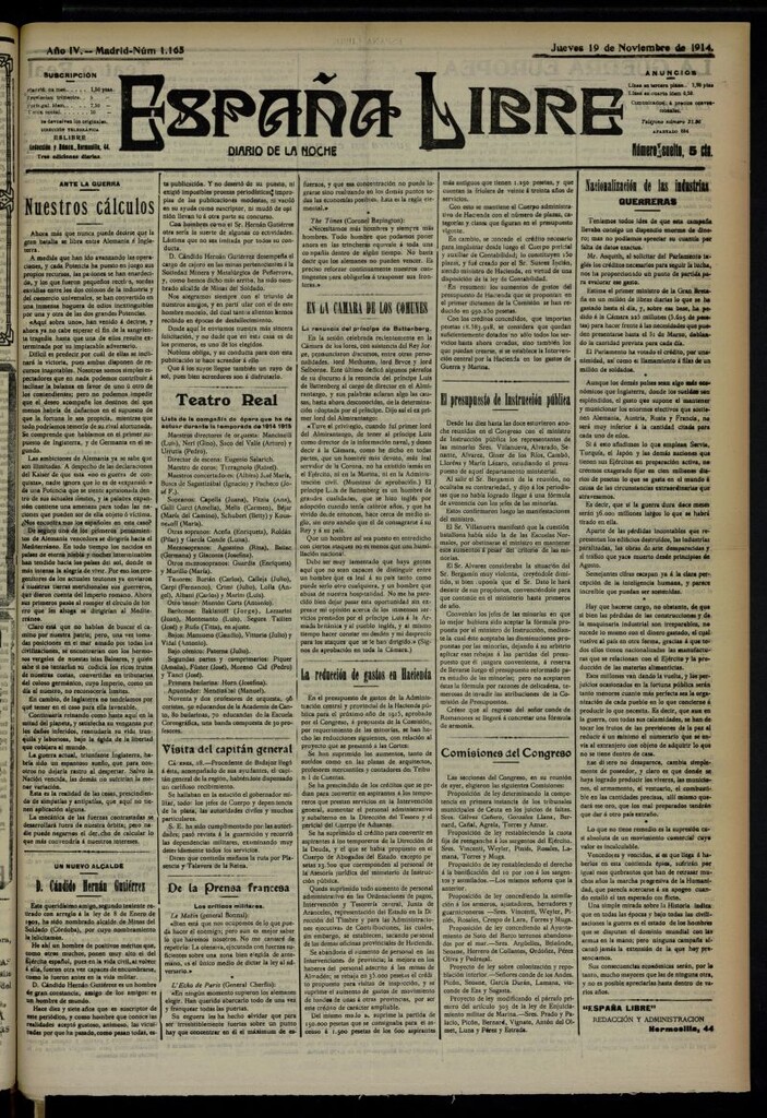 Miniatura de España Libre : Diario de la noche del 19 de noviembre de 1914, nº 1165