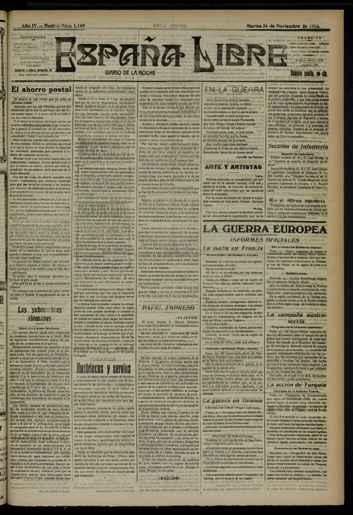 Miniatura de España Libre : Diario de la noche del 24 de noviembre de 1914, nº 1169