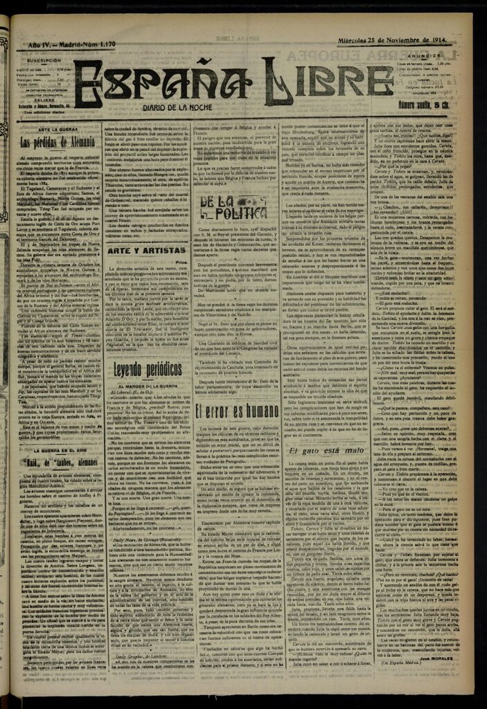 Miniatura de España Libre : Diario de la noche del 25 de noviembre de 1914, nº 1170