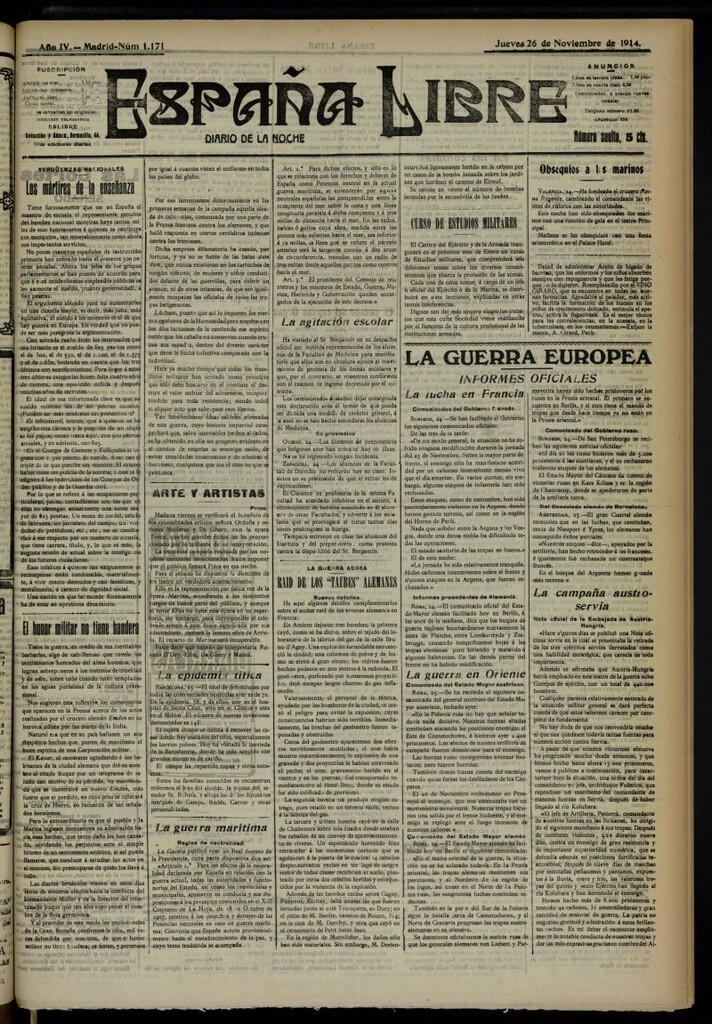 Miniatura de España Libre : Diario de la noche del 26 de noviembre de 1914, nº 1171