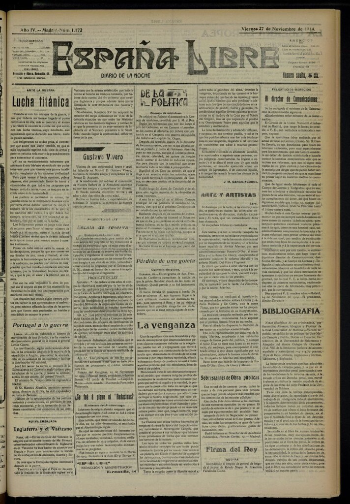 Miniatura de España Libre : Diario de la noche -del 27 de noviembre de 1914, nº 1172