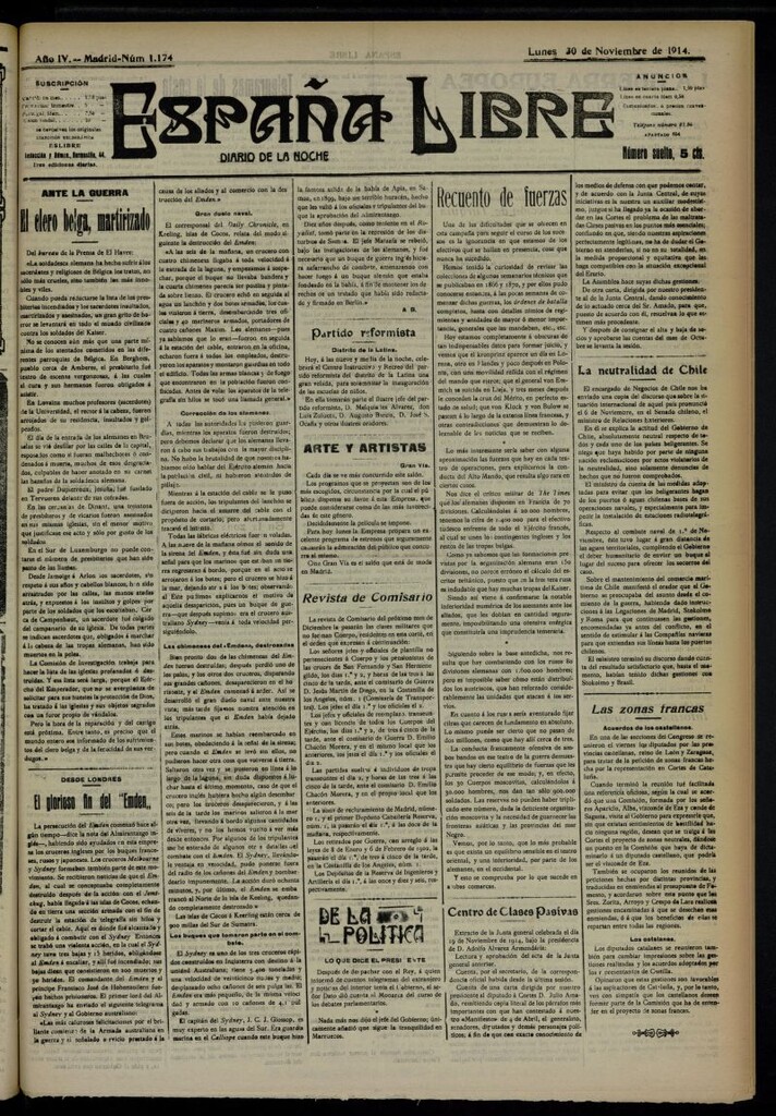 Miniatura de España Libre : Diario de la noche del 30 de noviembre de 1914, nº 1174