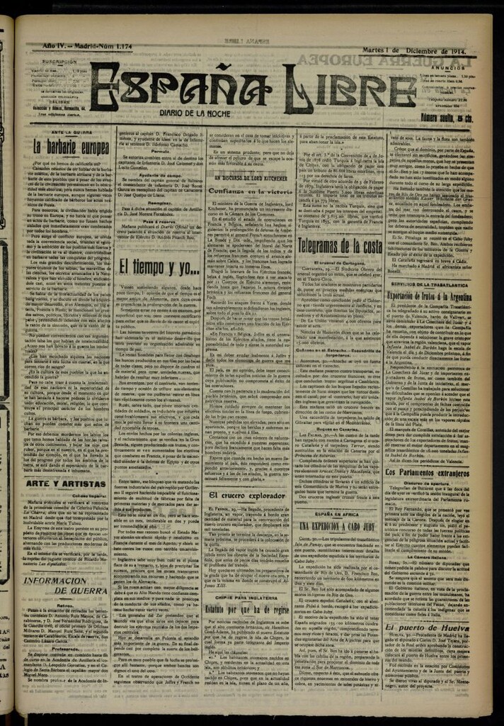 Miniatura de España Libre : Diario de la noche del 1 de diciembre de 1914, nº 1174 [sic]