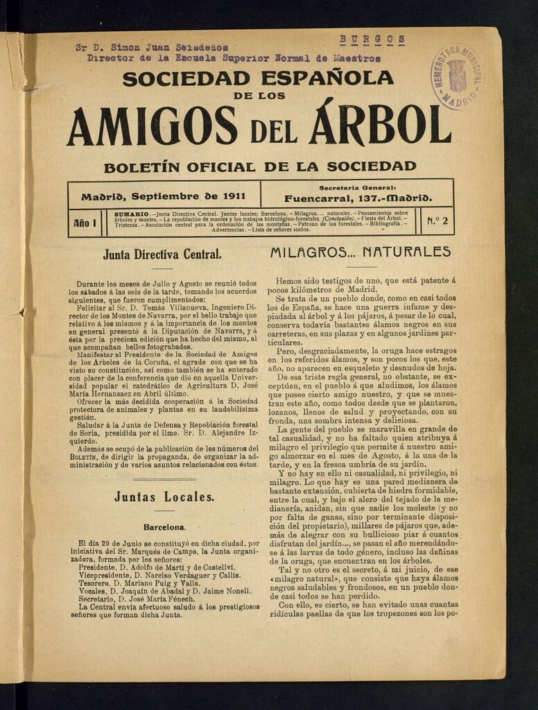 Miniatura de Boletín Comisión organizadora de la Sociedad Española de los amigos del árbol de septiembre de 1911