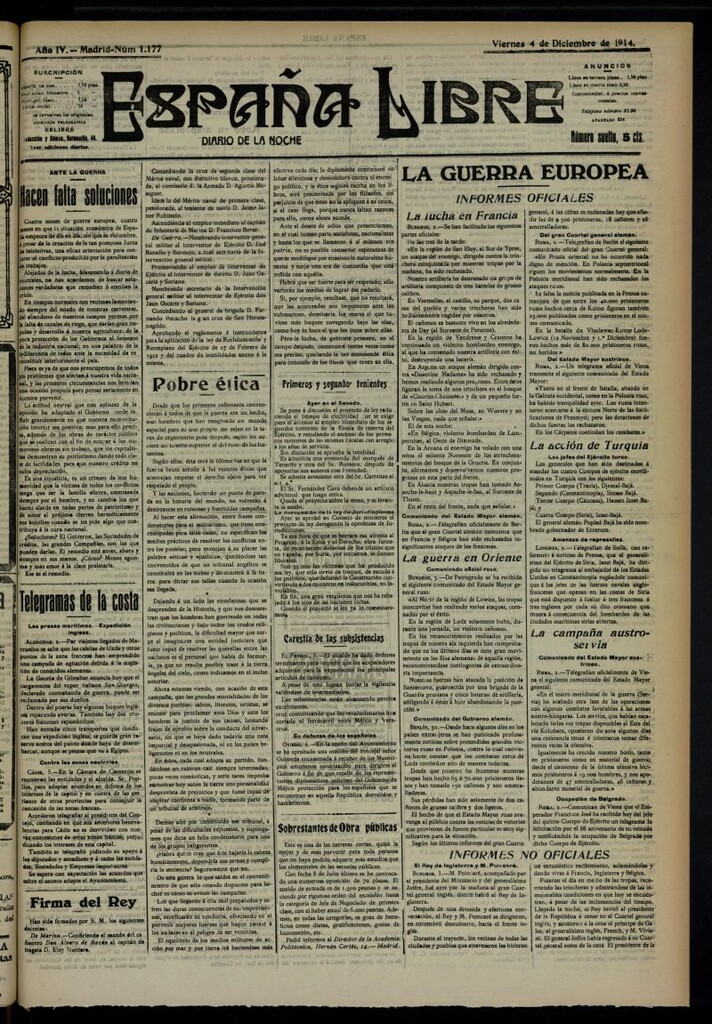 Miniatura de España Libre : Diario de la noche del 4 de diciembre de 1914, nº 1177