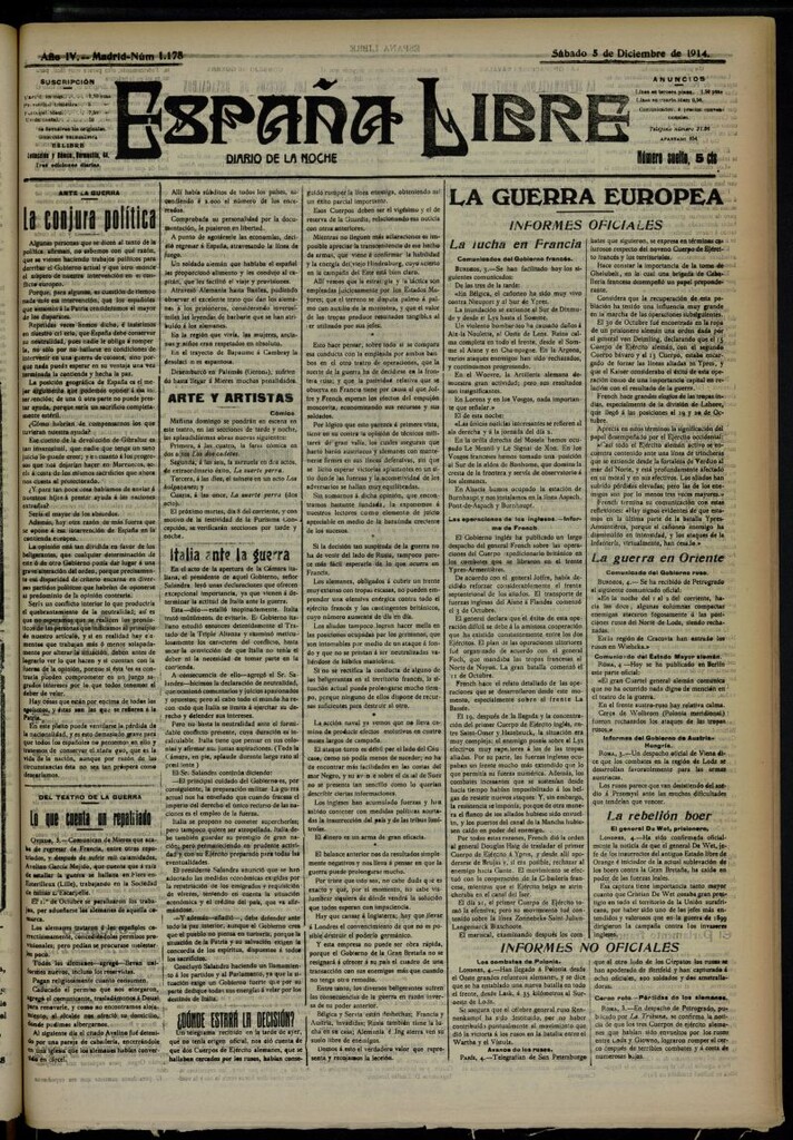 Miniatura de España Libre : Diario de la noche del 5 de diciembre de 1914, nº 1178