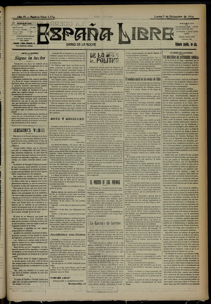 Miniatura de España Libre : Diario de la noche del 7 de diciembre de 1914, nº 1179