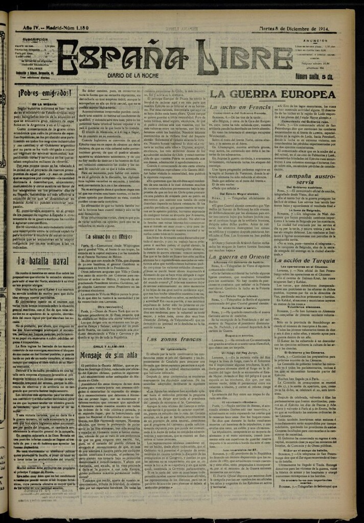 Miniatura de España Libre : Diario de la noche del 8 de diciembre de 1914, nº 1180