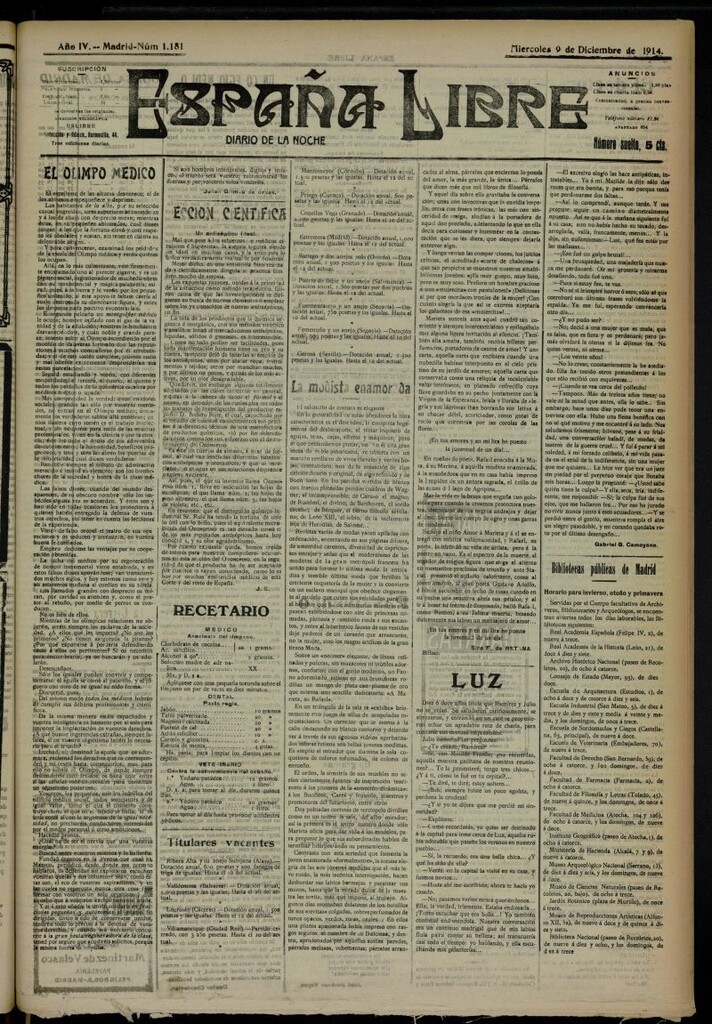 Miniatura de España Libre : Diario de la noche del 9 de diciembre de 1914, nº 1181
