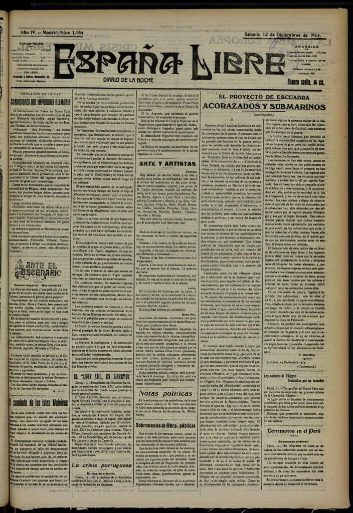 Miniatura de España Libre : Diario de la noche del 12 de diciembre de 1914, nº 1184