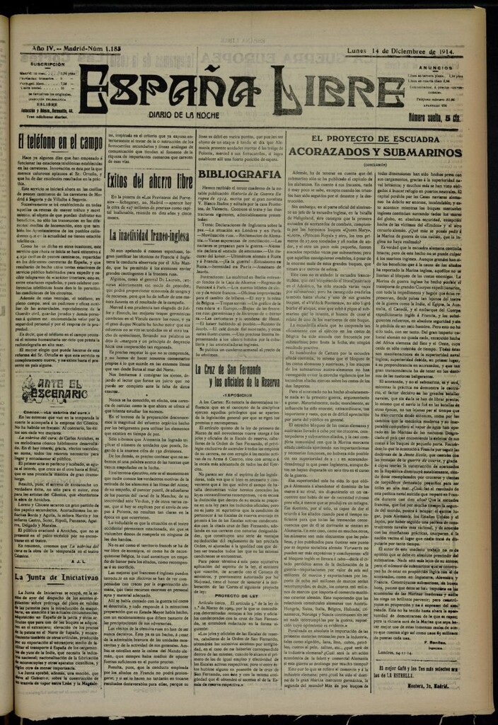 Miniatura de España Libre : Diario de la noche del 14 de diciembre de 1914, nº 1185