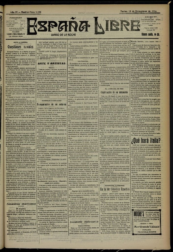 Miniatura de España Libre : Diario de la noche del 15 de diciembre de 1914, nº 1186