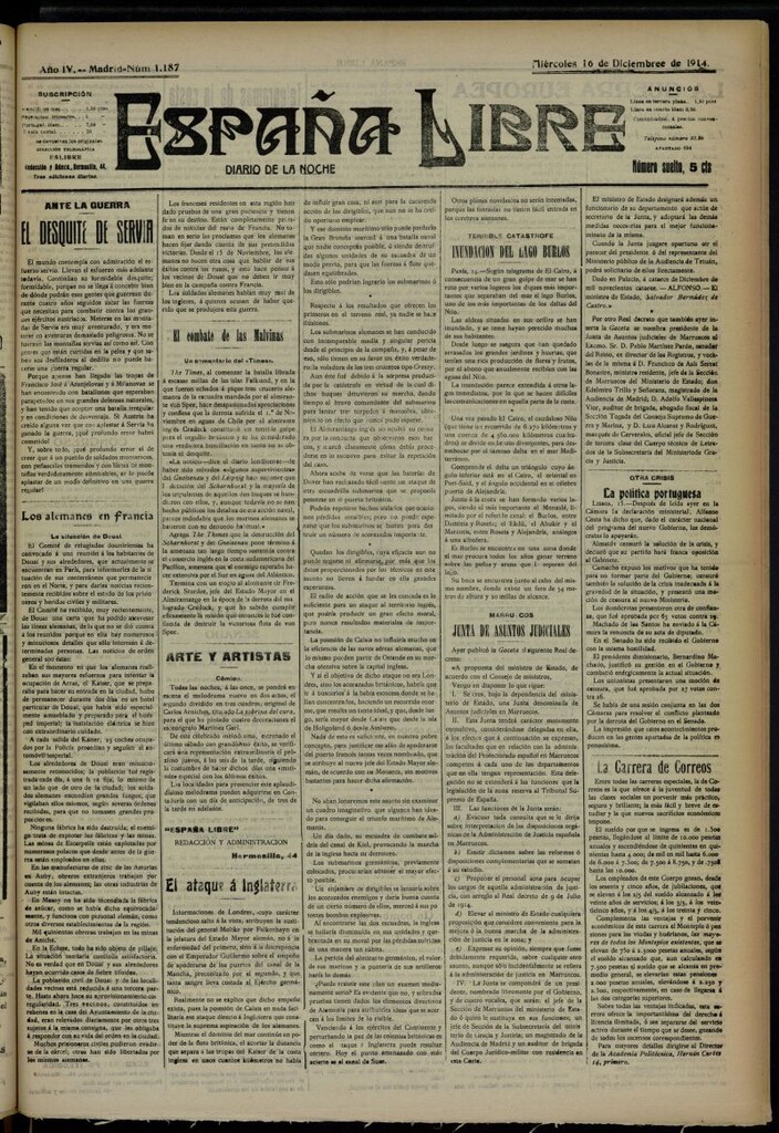 Miniatura de España Libre : Diario de la noche del 16 de diciembre de 1914, nº 1187
