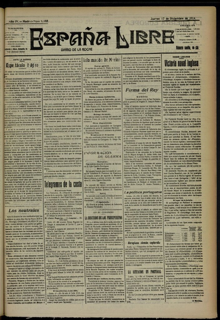 Miniatura de España Libre : Diario de la noche del 17 de diciembre de 1914, nº 1188