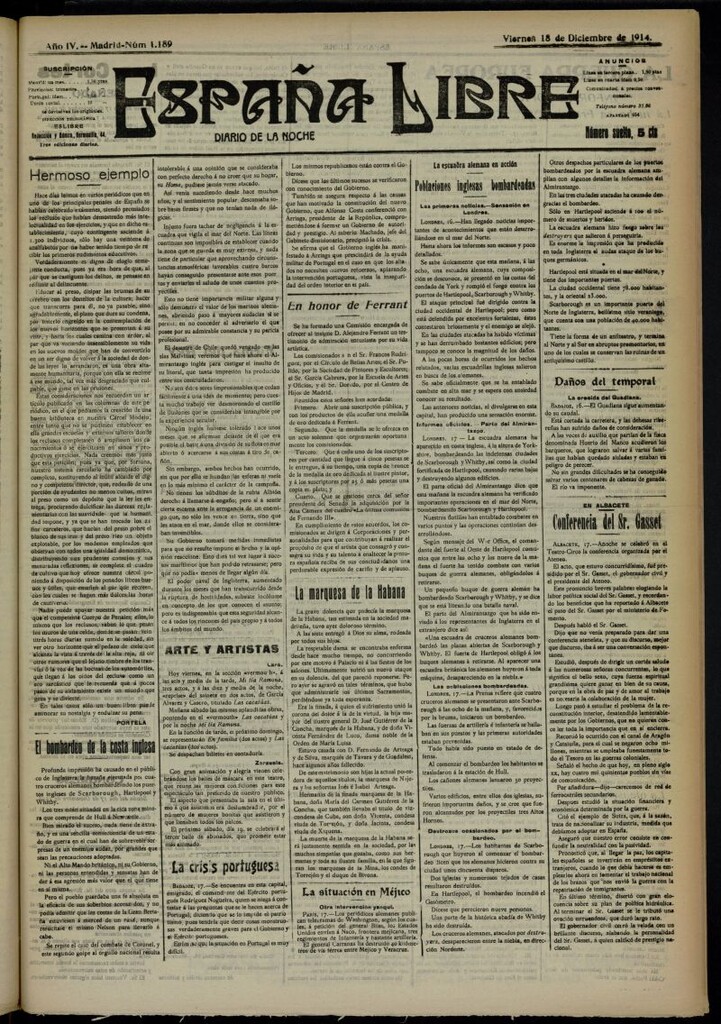 Miniatura de España Libre : Diario de la noche del 18 de diciembre de 1914, nº 1189