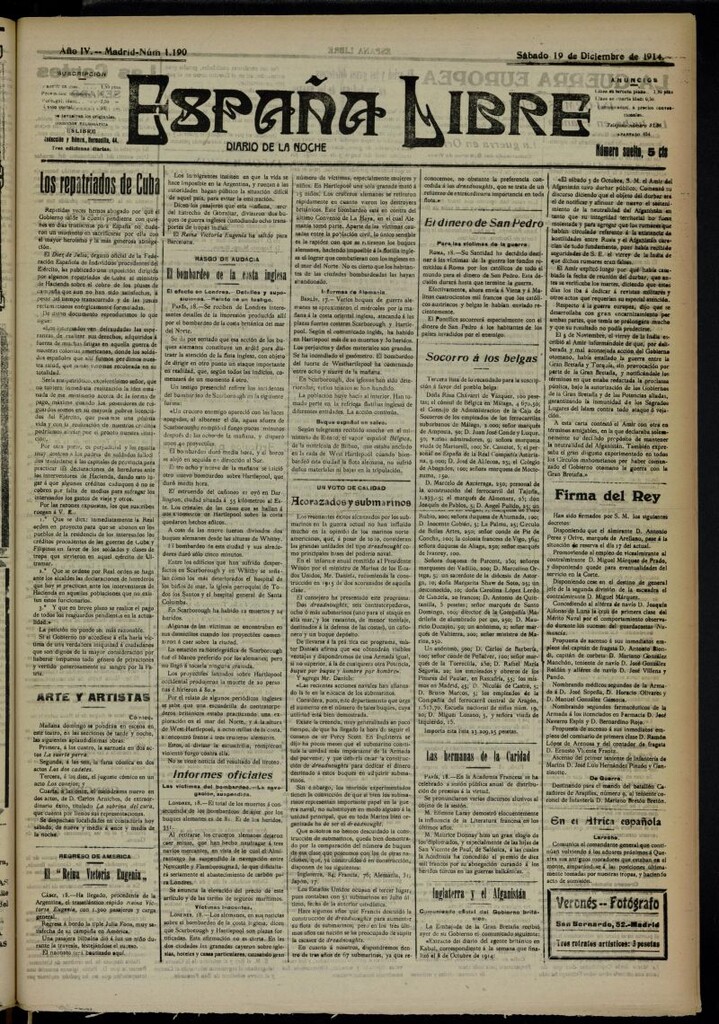 Miniatura de España Libre : Diario de la noche del 19 de diciembre de 1914, nº 1190