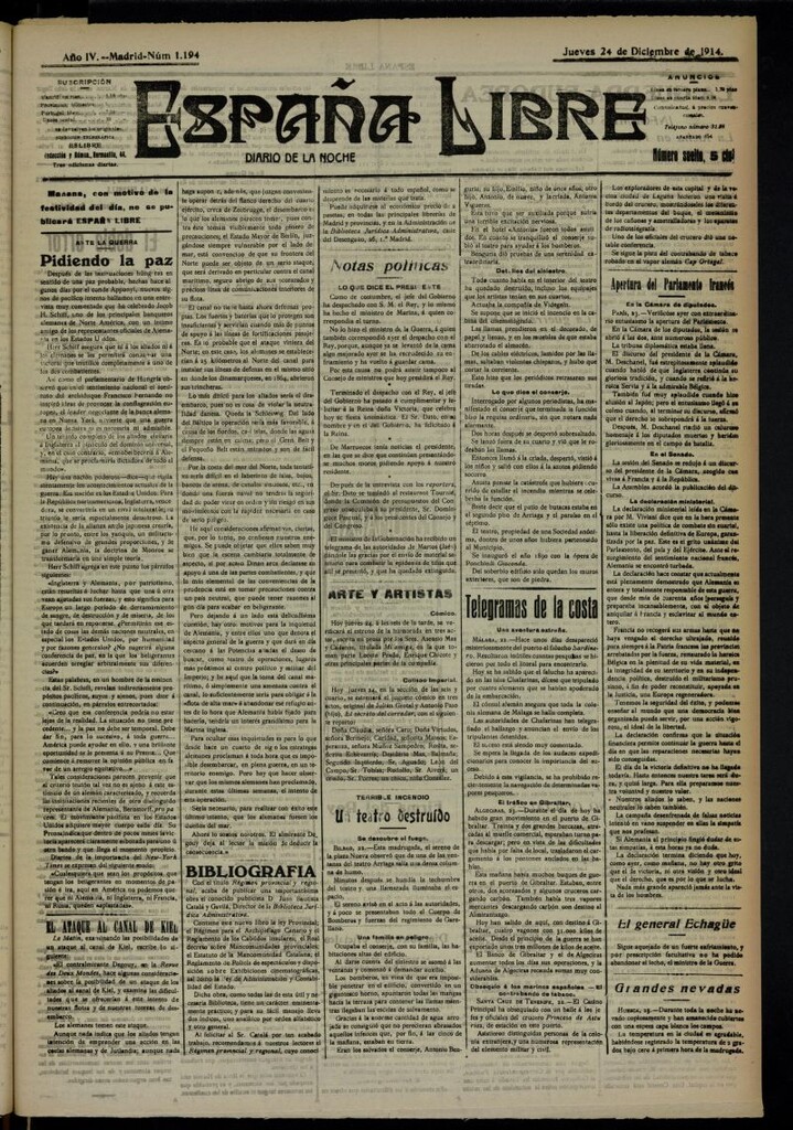 Miniatura de España Libre : Diario de la noche del 24 de diciembre de 1914, nº 1194
