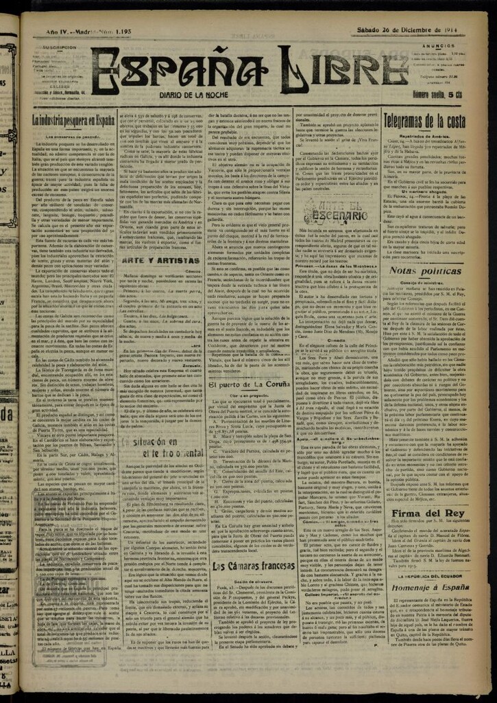 Miniatura de España Libre : Diario de la noche del 26 de diciembre de 1914, nº 1195