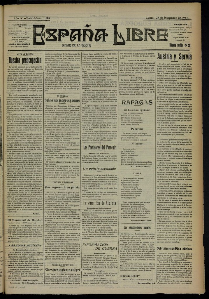 Miniatura de España Libre : Diario de la noche del 28 de diciembre de 1914, nº 1196