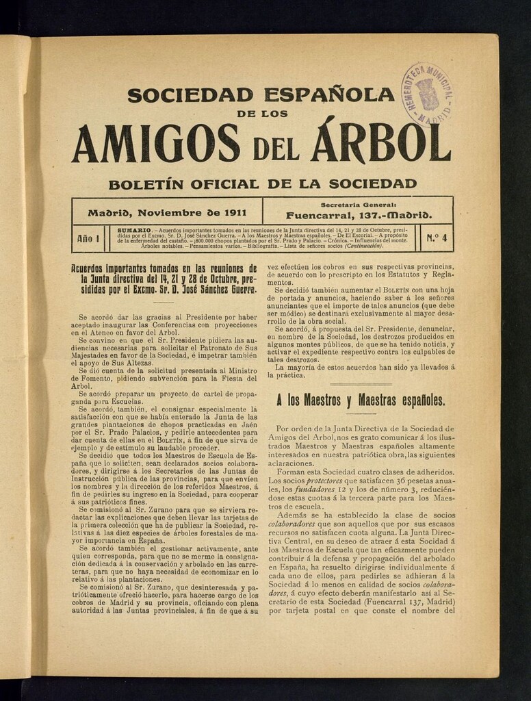 Miniatura de Boletín Comisión organizadora de la Sociedad Española de los amigos del árbol de noviembre de 1911