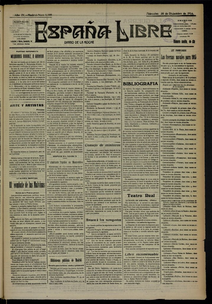 Miniatura de España Libre : Diario de la noche del 30 de diciembre de 1914, nº 1198
