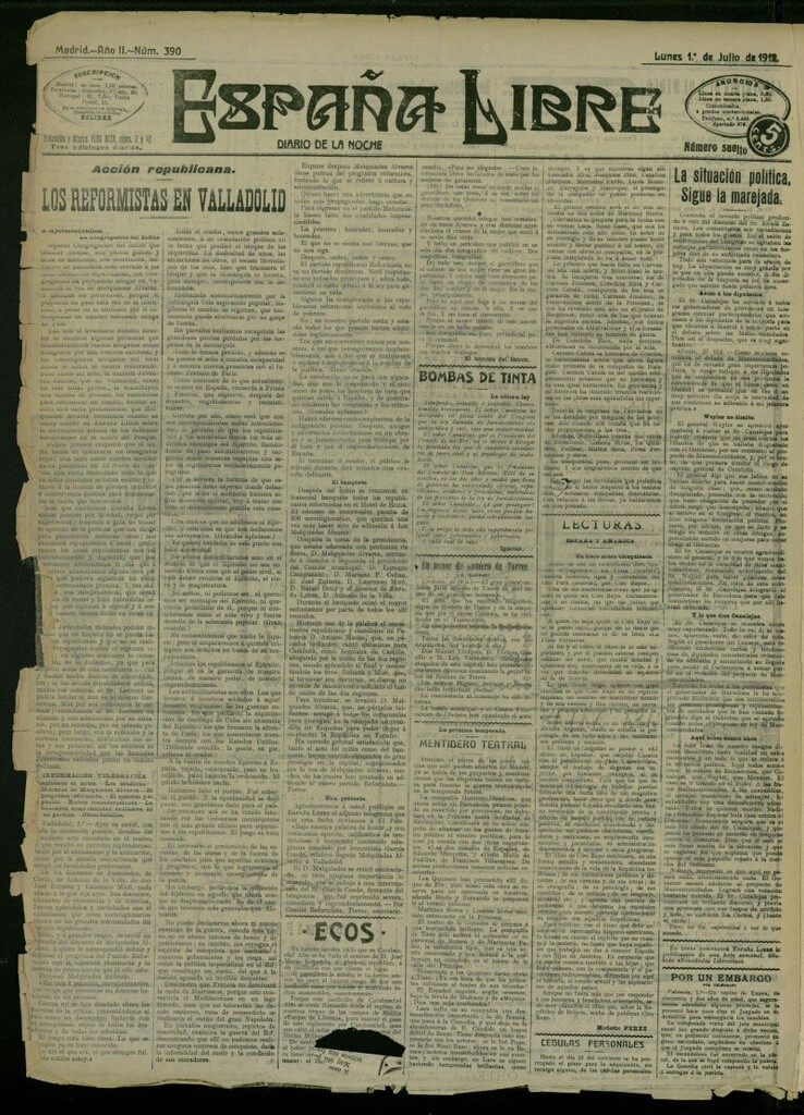 Miniatura de España Libre : Diario de la noche del 1 de julio de 1912, nº 390